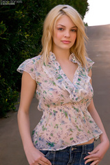 Lovely blonde Bree Daniels on the park teasing and posing in her lustry floral dress and shorts 05